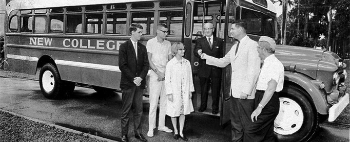 New College students and founders beside the college bus in the 1960s