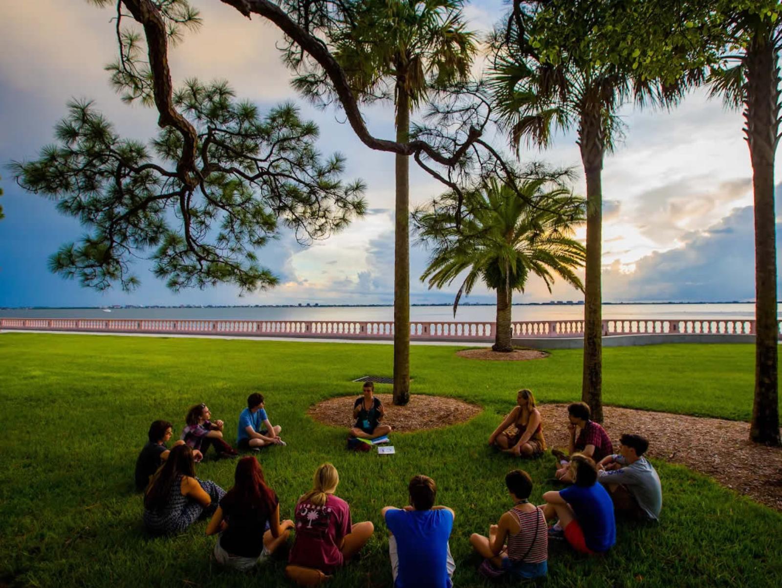 A seminar circle on the bayfront lawn at New College of Florida